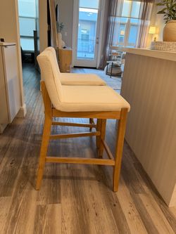 Nathan James Gracie Wood Bouclé Counter Height Bar Stools in Warm Pine / Cream Bouclé
