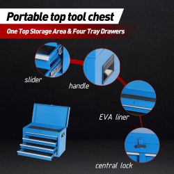 Tool Chest, 5-Drawer Rolling Tool Storage Cabinet with Detachable Top Tool Box, Liner, Universal Lockable Wheels, Adjustable Shelf, Locking Mechanism,