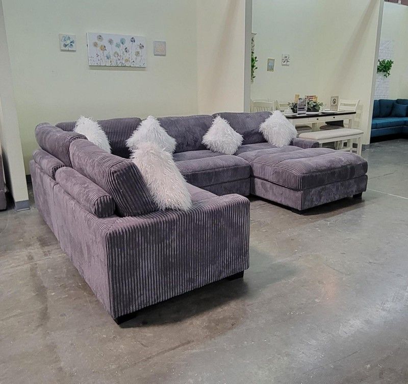 ✅️4 pc grey wide welt cordury fabric upholstered modular sectional sofa with chaise