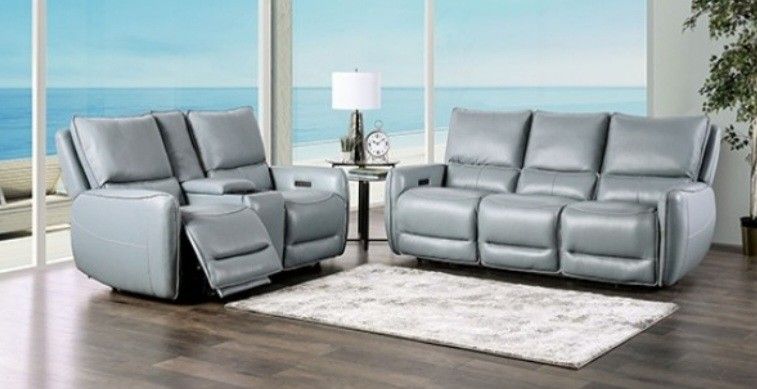 Brand New Pale Blue Top Grain Leather Power Reclining Sofa & Loveseat 