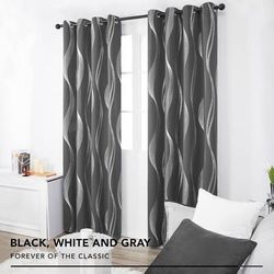 NEW Patio Door Window 2 Panels Set Curtains 84" Length Grey Blackout Bedroom Living Room Noise Reducing Thermal Insulated Wave Line Foil Print Drapes 