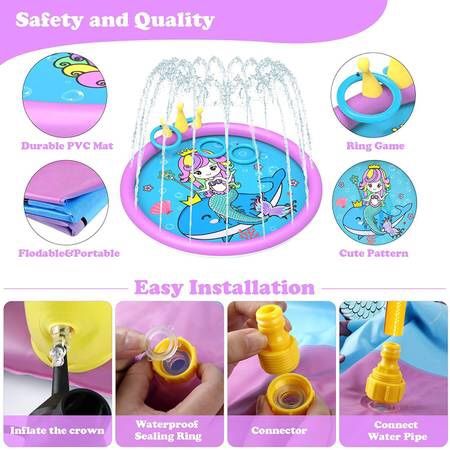 Splash Pad ,68 Inch Sprinkler Splash Pad Toys for Dogs and Kids, Inflatable Kids Sprinkler Play Mat with Funny Ring Toss Game, Summer Outdoor Water To