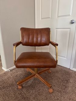 Vintage Brown Leather Chair with Brass Frame