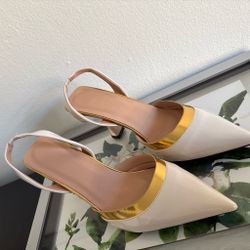 Cream Patent Leather Slingback Pointed-Toe Heels