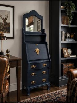 Navy Vintage Secretary Desk / Lingerie Chest with Mirror – Brass Details