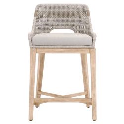 2 Coastal Beach Beige Woven Grey Upholstered Brown Mahogany Wood Frame Bar Stools  SET OF 2 
