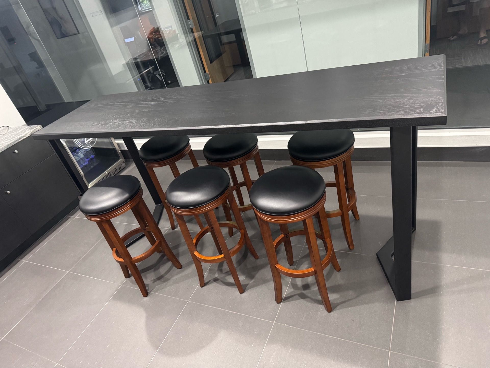 Custom made solid wood bar table with 6 barstools
