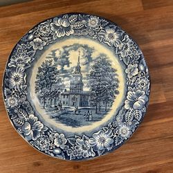 Grandmillennial Liberty Blue Plate from Staffordshire Ironstone, Independence Hall, Scenic Transferware, Cottagecore Wall Art with Floral Border
