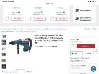 BOSCH Rotary Hammer Kit: SDS-Max, D-Handle, 1 7/8 in Capacity, 9.3 ft-lb, 14.5 A, 2,750 bpm, 120V AC