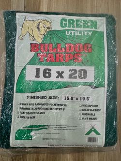 Bulldog Tarps Green Utility Tarp, 16 × 20 ft (finished size 15.2 × 19.6 ft).