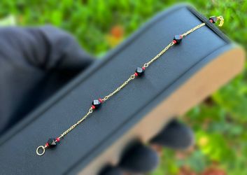 Jewelry 14k yellow gold Figaro link coral onyx bracelet 6.00” 1.00mm 1.10g
