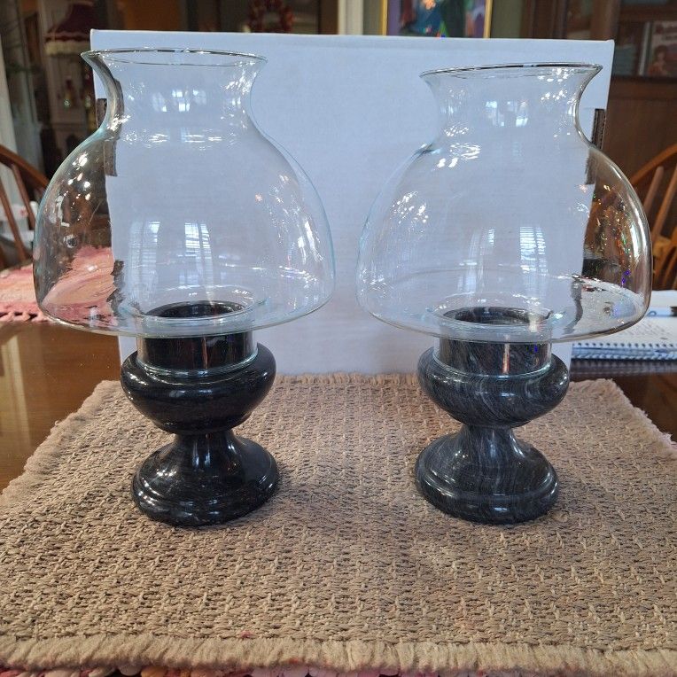 PAIR of Heavy Marble Pillar Candle Holders With Glass Hurricane Shades