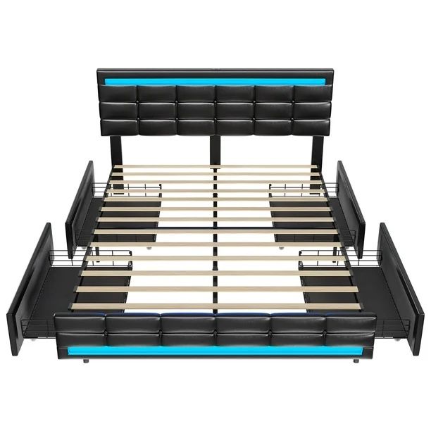 Queen LED Upholstered Bed Frame with Storage Drawers and Charging Station, Black
