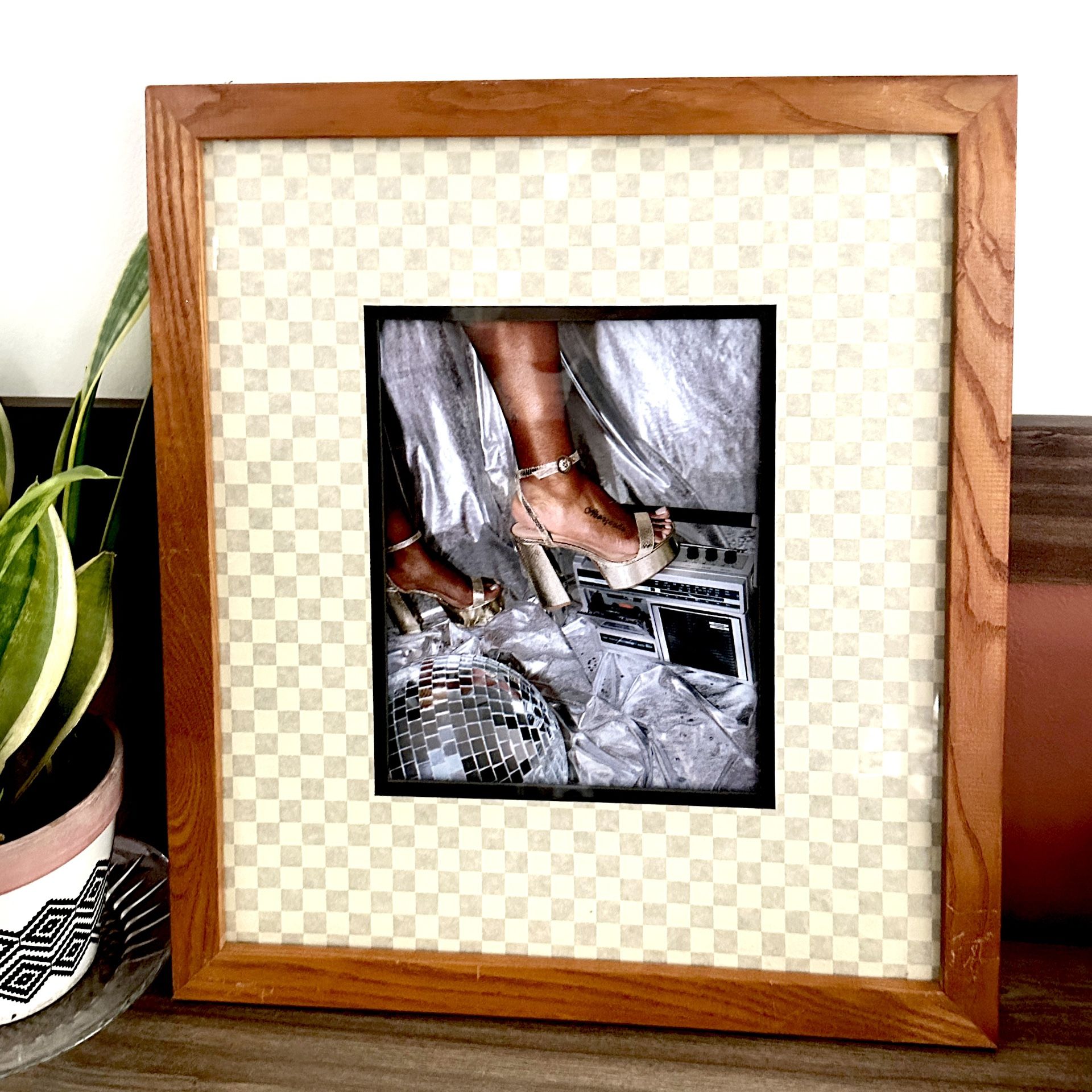 Hot Girl Disco Ball Boombox Dancing Checker Matted Wood Framed Canvas Print Art 17.5x19.5”