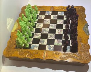 Vintage Chinese Hand Carved  Jade Soapstone Chess Set Folding Wooden Case With Drawers