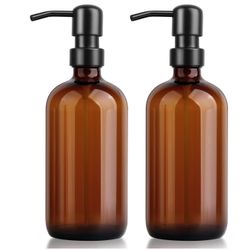 New Soap Dispenser, 2 Pack Amber Glass Soap Dispenser with Pump Rustproof