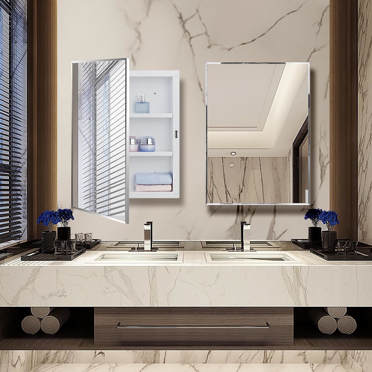 Plastic Bathroom Medicine Cabinet with Framed Mirror 16 x 22 inch, Surface and Recessed Mount