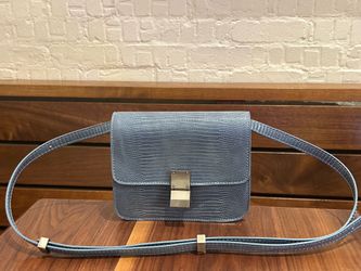 Women’s Blue Lizard Crossbody Bag Buckle Closure, Adjustable Strap Gold Tone
