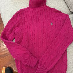 Polo Ralph Lauren Women's Cable Knit Sweater Size L Pink Turtle Neck 100% Cotton