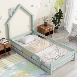 Twin Size Montessori Toddler Floor Bed Frame, Modern House-Shaped Frame,Pine Wood with Full-Length Guardrails, G-8 green