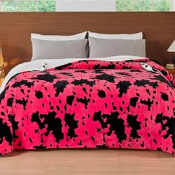 Rujipo Cow Print Electric Heated Blanket King Size,90X100 Pink Heating Blanket King With Dual Control&Timer&10 Heat Levels
