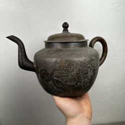 Antique Chinese 19th Century Late Qing Dynasty Bronze Carved Engraved Teapot