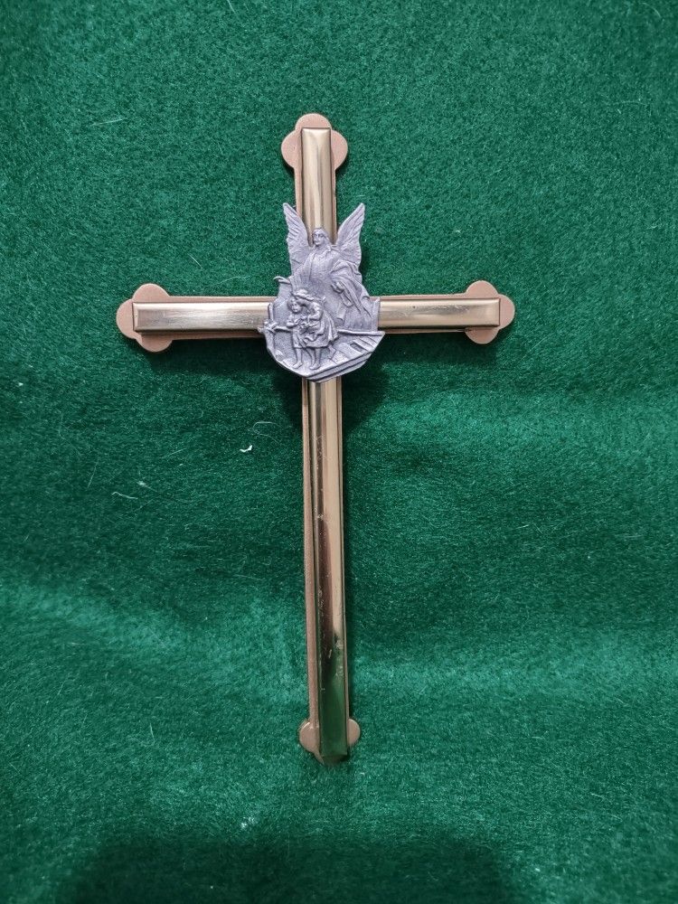 Brass & Pewter Wall Cross 6" Guardian Angel Stations of Cross Roman Numerals