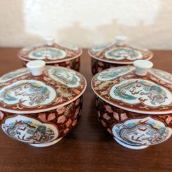 Set Of 4 Antique Arita Imari Japanese Covered Bowls