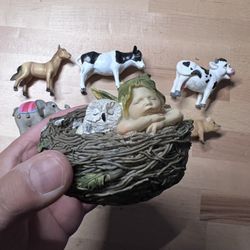 Farm Animal Figurines & Whimsical Nest Sculpture