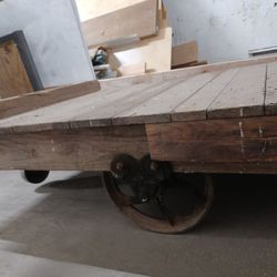 Vintage Steampunk Wooden Cart With 6 Cast Iron Wheels