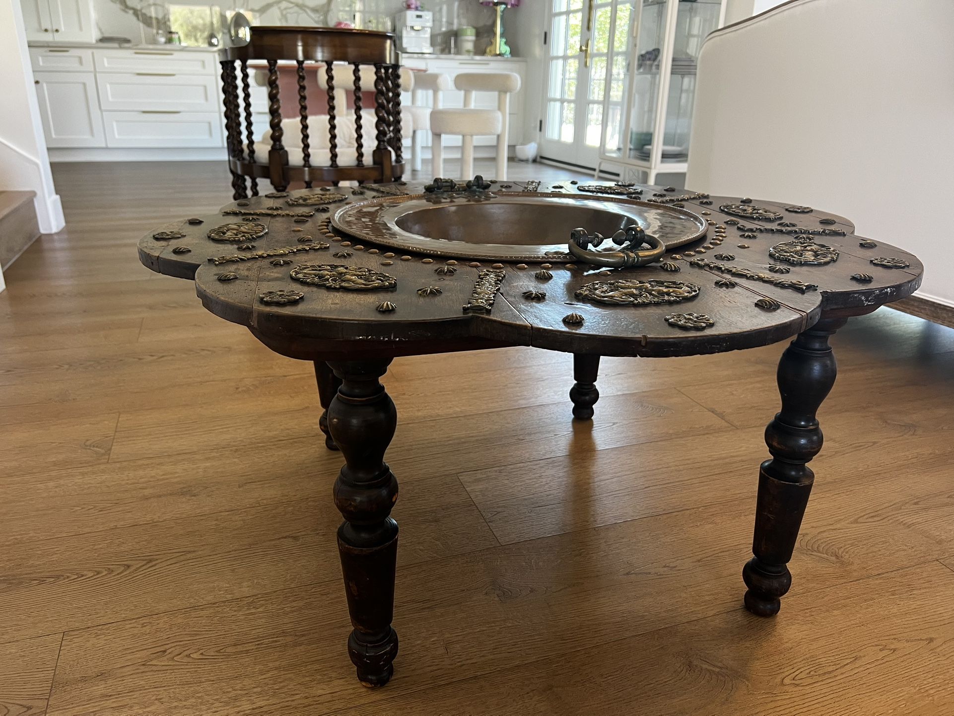 Antique 19th Century Carved Spanish Brass Brasero Table.