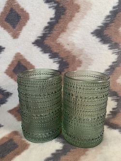 12oz Green Highball Glasses, Set of 2, Thick Beaded Textured Glass