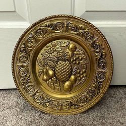 Vintage Made In England Hammered Brass Wall Plate Decor Pineapple And Fruits Design