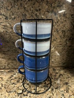 Set of 4 Stacked Glazed Mugs With Metal Rack Boston Warehouse.