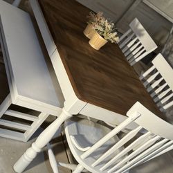 Beautiful Rustic Pine Farmhouse Dining Set W/4 Chairs And Bench 