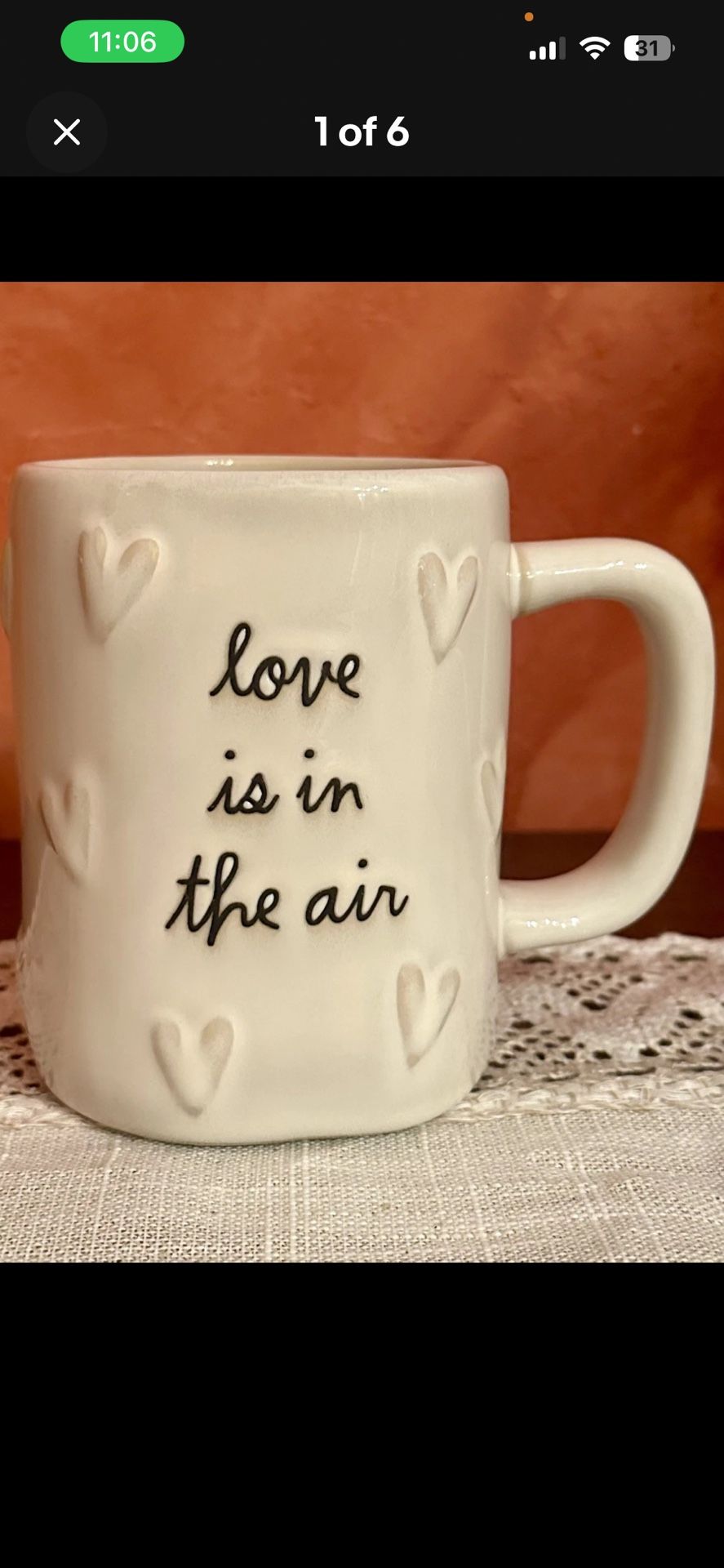 Rae Dunn LOVE IS IN THE AIR 3D All Over Hearts Script 19oz Mug