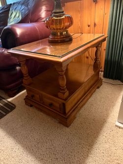 Pair of Vintage Traditional Solid Wood End Tables with Glass Tops & Storage