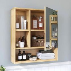 New assembled Bathroom Mirror Cabinet Wall Mounted, Bamboo Space Saver Medicine Cabinet, Wall Hanging Over Toilet Storage Cabinet with Mirror Door and