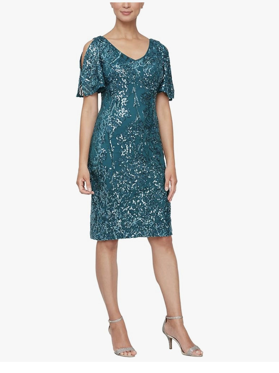 Alex Evenings Short V Neckline Sheath Dress with Cold-Shoulder Flutter Sleeves Size 18