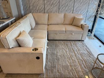 Beige corduroy convertible sofa with pullout Sofa bed 