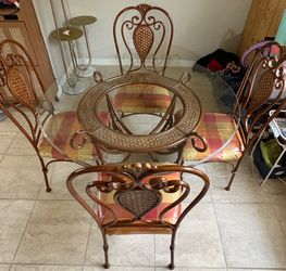 Vintage Wrought Iron Glass Top Dinning Room Table Set