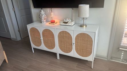 White Sideboard Cabinet with Rattan Door Panels