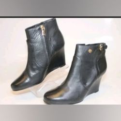 Tory Burch Milan Designer Black Leather Wedge Ankle Boots Booties 7.5