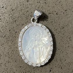 925 Sterling Silver Mother Of Pearl Marcasite Virgin Mary Pendant MX