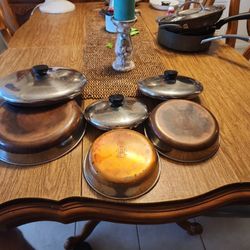 Vintage Revere Ware Coper Bottom Frying Pans With Lids