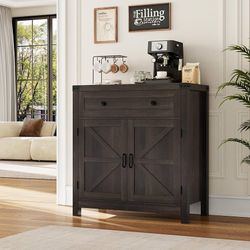 O686 $100  Coffee Bar Cabinet, Kitchen Storage Cabinet, Modern Farmhouse Buffet Sideboard with Drawer and Adjustable Shelf, Barn Door Accent Cabinet f