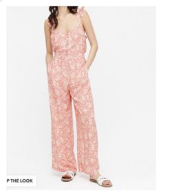 Newlook Pink Ditsy Floral Frill Strap Wide Leg Jumpsuit 