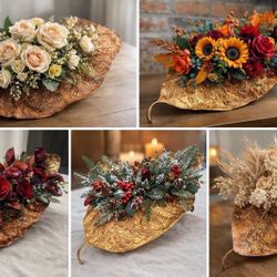 5 gold large leaf artificial plastic glitter, bead, elephant ear, hojas doradas oreja de elefante