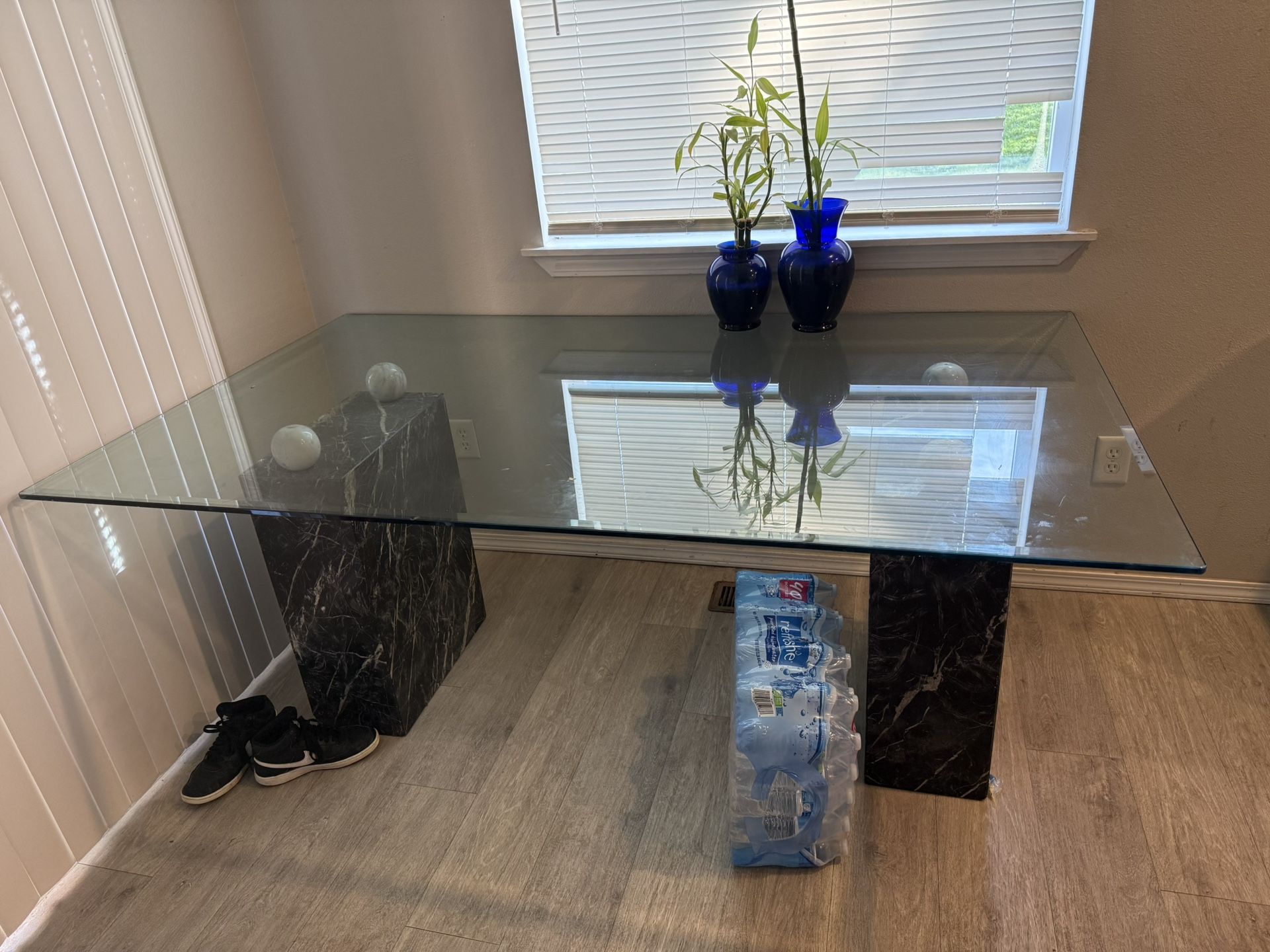 Heavy Glass Table With Marble Pedestal
