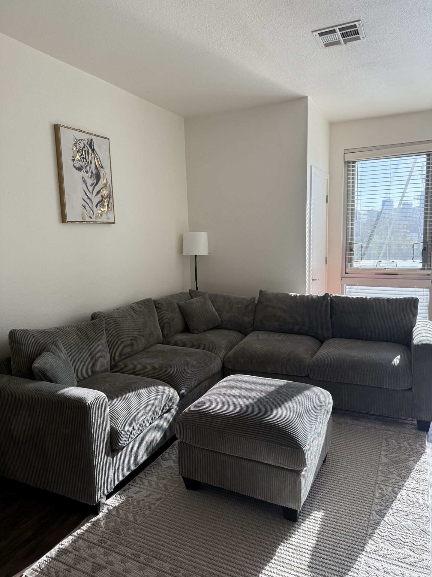 Green Corduroy Sectional Couch with Ottoman Excellent Condition!